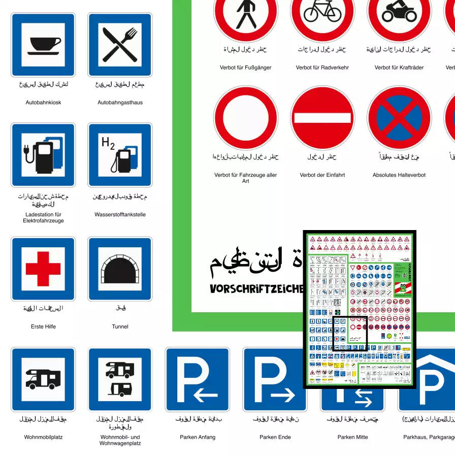 Verkehrszeichen Lernposter mit arabischer Übersetzung
