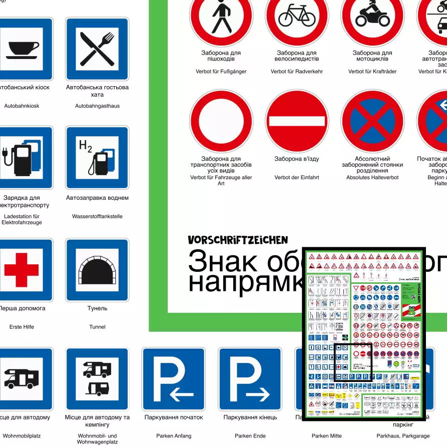 Verkehrszeichen Lernposter mit ukrainischer Übersetzung